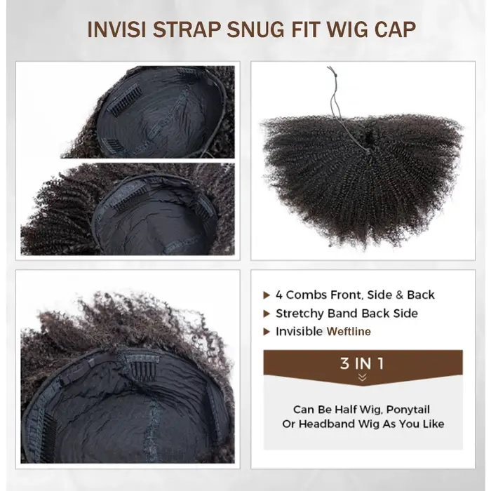 Tuneful court naturel crépus bouclés 3 en 1 demi-perruques cheveux humains pour les femmes (peut être porté en demi-perruque/perruque bandeau/queue de cheval)