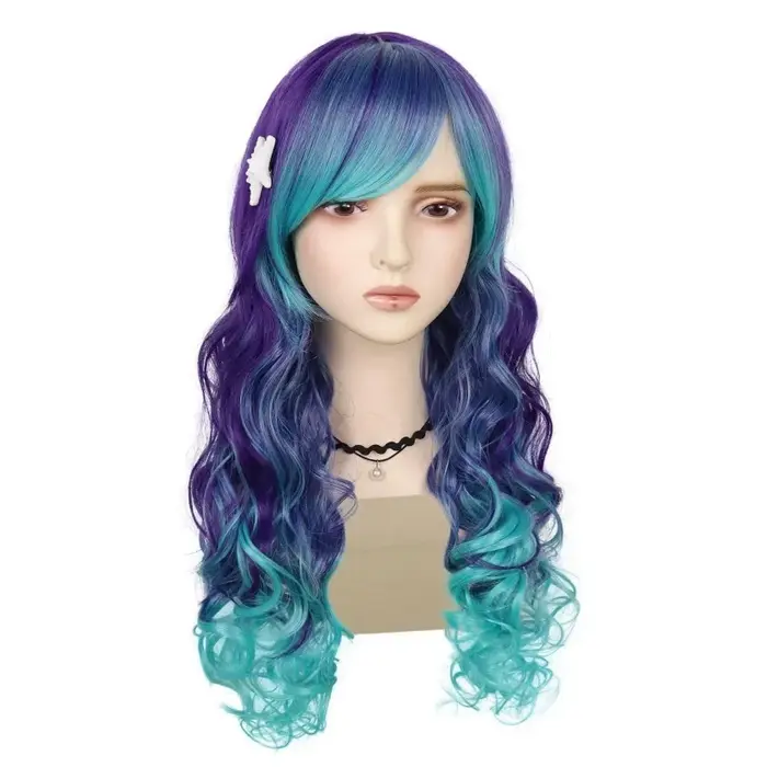 Perruque synthétique longue ondulée ombrée bleu-violet avec frange latérale et pince étoile de mer pour femme