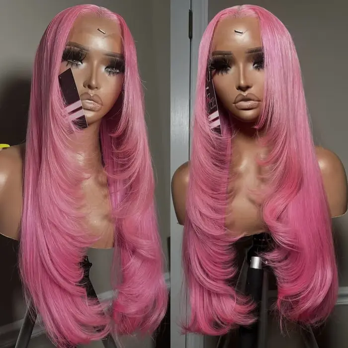 Perruque Lace Front Wig synthétique rose, coupe superposée, 13x4, longue vague naturelle, sans colle
