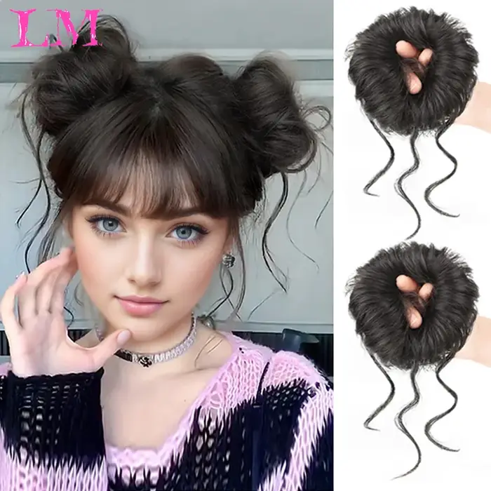 LM-Chignon synthétique désordonné pour femme, bande de cheveux bouclés, chouchou élastique, faux mor