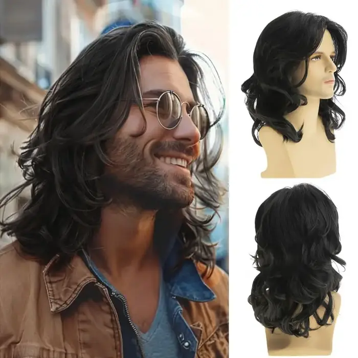 Perruque synthétique longue bouclée ondulée brune pour hommes