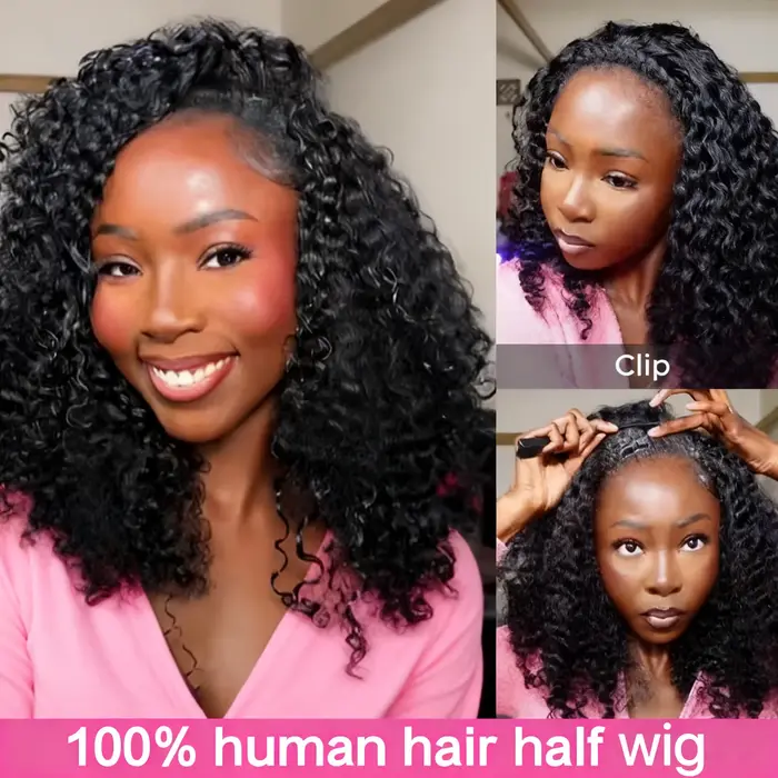 Perruque V-Part 250% Kinky Curly en Cheveux Humains, Sans Tissage apparent, Améliorée, Ondulations P
