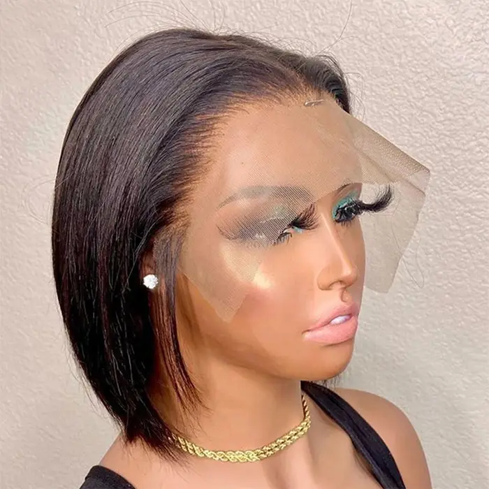 Perruques Courtes Bob en Cheveux Humains 13x6 Lisses comme des Baguettes Sans Colle HD Lace Front Wi