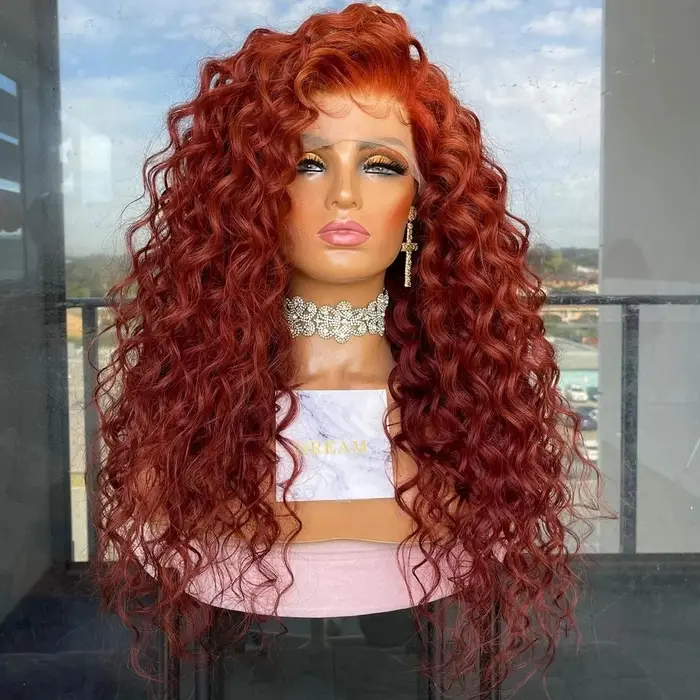 Perruque Lace Front Synthétique Bouclée Rouge Bordeaux pour Femme Noire