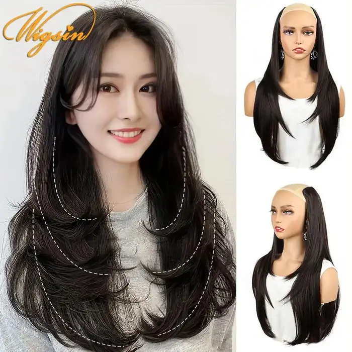 WIGSIN 22 pouces synthétique en forme de V couches 4 Clips longue Extension de cheveux raides mode postiche Invisible perruque pour les femmes