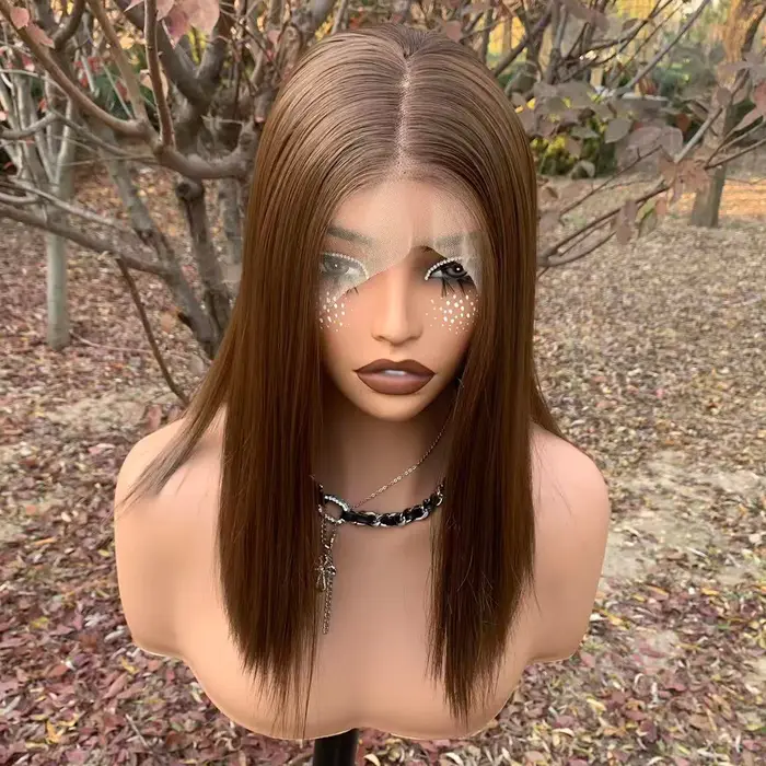 Perruque Bob Lace Front Wig synthétique sans colle marron clair 13x4