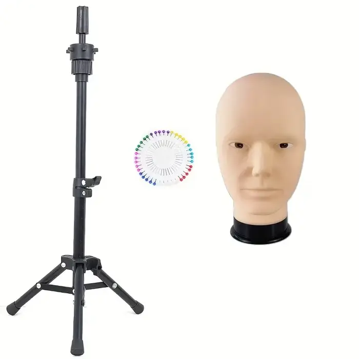 Tête de Mannequin chauve avec trépied de coiffure noir