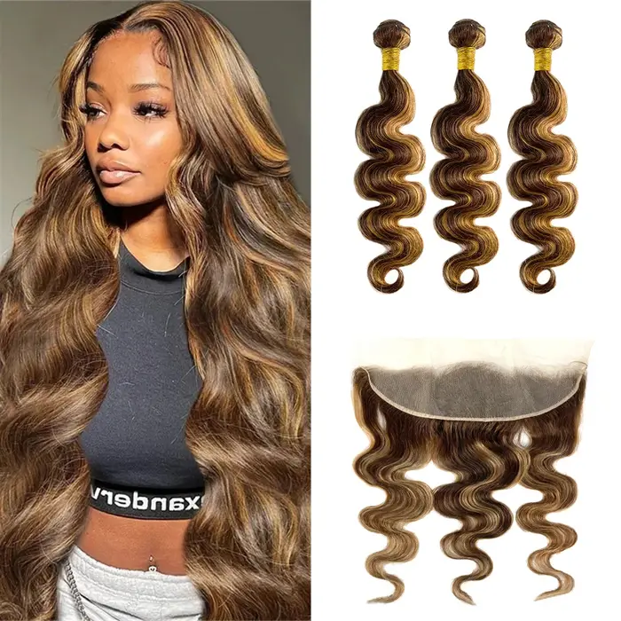 Faisceaux à reflets avec fermeture frontale brésilienne vague de corps Ombre Blonde cheveux humains 