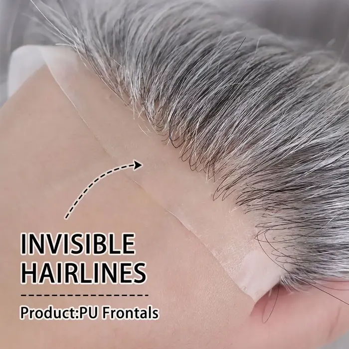 Toupet gris pour hommes postiche humaine 0.06mm peau Ultra mince Style V ligne de cheveux frontale