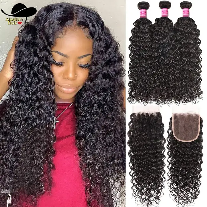 Extensions de cheveux humains malaisiens ondulés avec closure en dentelle, tissage de cheveux humain