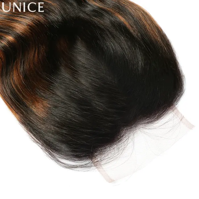 UNice Ombre Brown Highlights Body Wave 4x4 Lace Closure 1PC 100% Cheveux Humains Closure Free Part