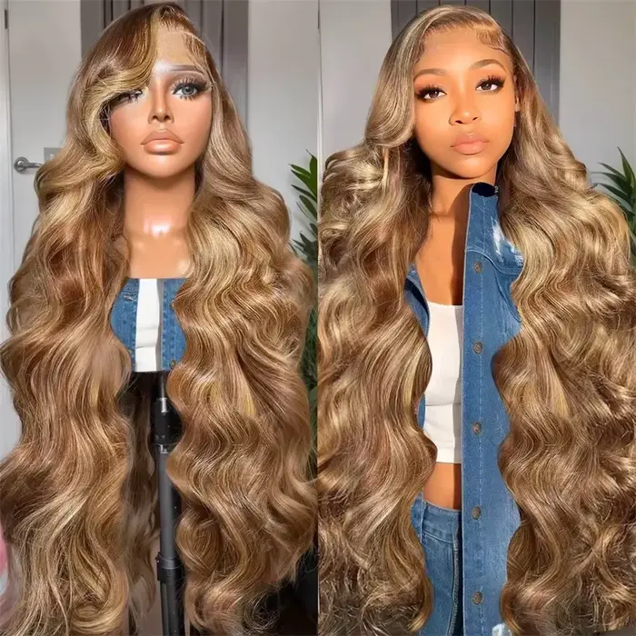 Perruques Body Wave P4/27 à 220 % de densité, avec mèches colorées, en dentelle transparente HD 13x4
