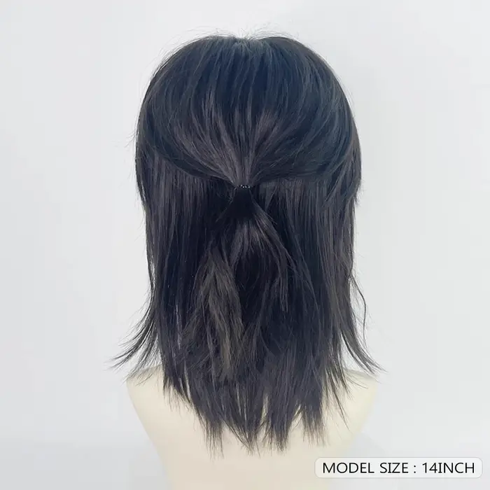 Perruque synthétique courte et lisse noire avec frange pour hommes