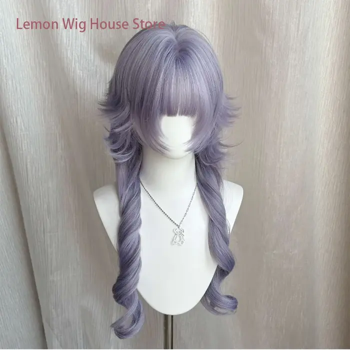 Perruque synthétique longue et bouclée violette avec frange