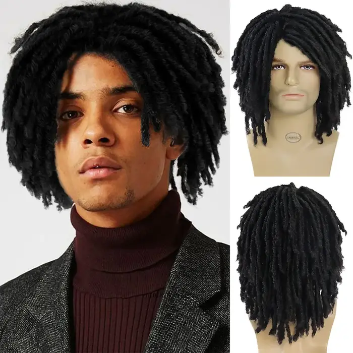 Perruques synthétiques bouclées rebondissantes noires naturelles pour hommes
