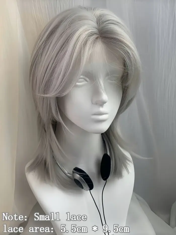 Lolita perruque synthétique front dentelle queue de loup cheveux courts bouclés argent gris superposition quotidien