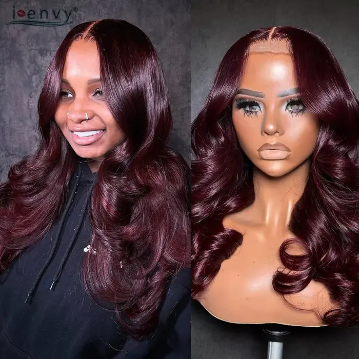 Perruque Lace Front Wig Body Wave Naturelle Bouclée Bordeaux