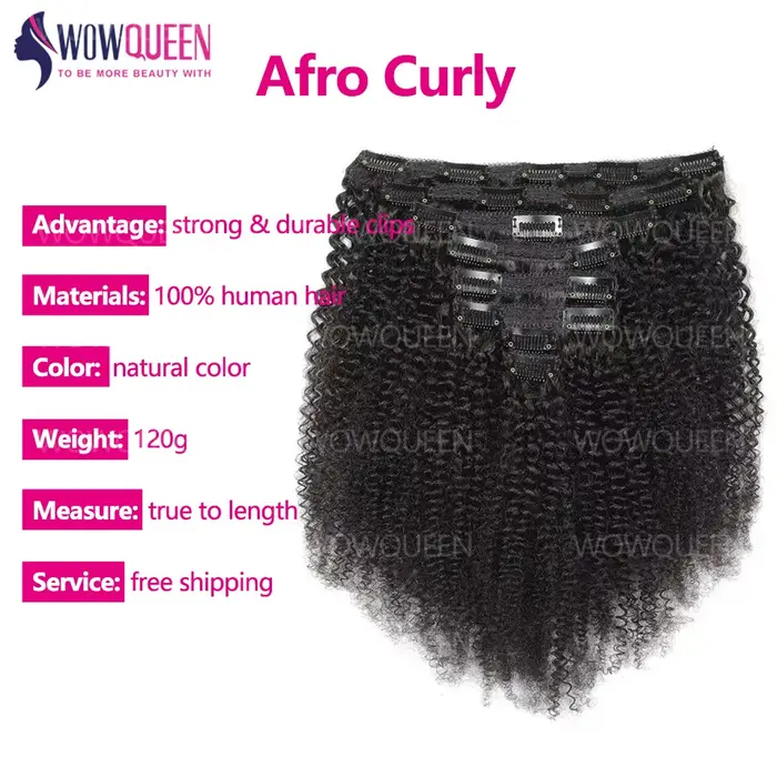 Extensions de cheveux humains bouclés afro crépus à clipser, cheveux brésiliens 12A, ondulations nat