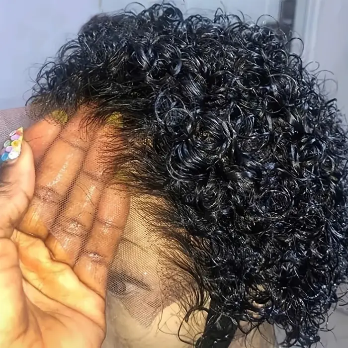Perruque courte bouclée avec dentelle frontale, cheveux ondulés réalistes, mélange de cheveux humain