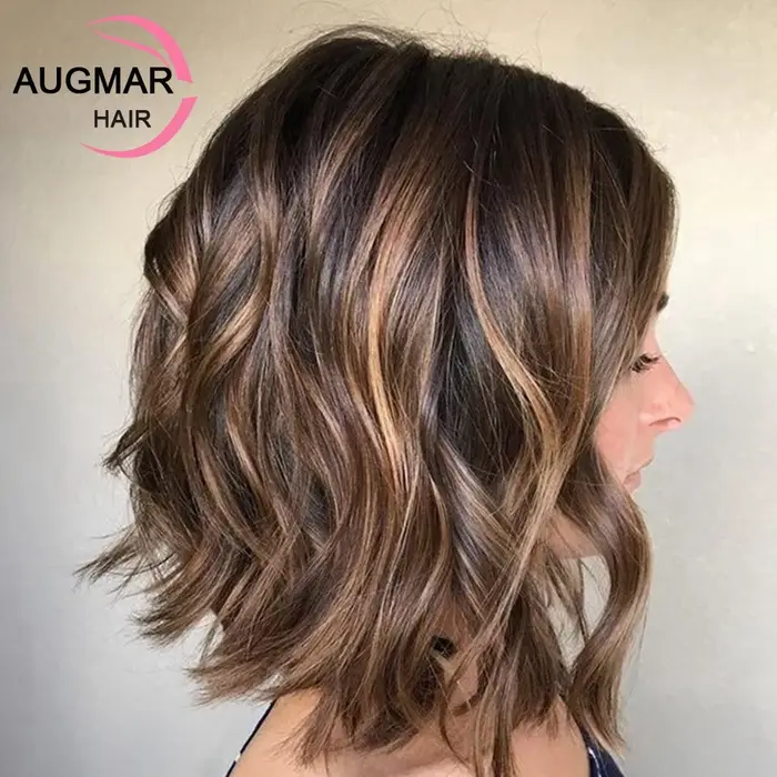 Perruque Brésilienne Naturelle Cheveux Courts Ondulés à Reflets Blonds, Brun Ombré 13x4, 13x6 HD