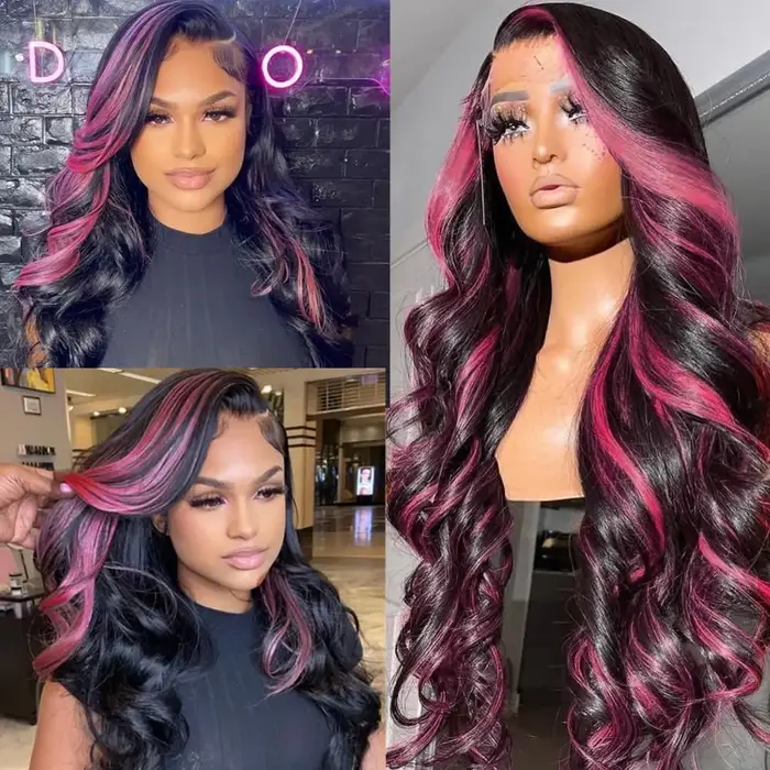 Perruque Lace Front 13x4 Ombrée Rose et Noire en Cheveux Humains, avec Mèches Rayées Rose, Perruque 