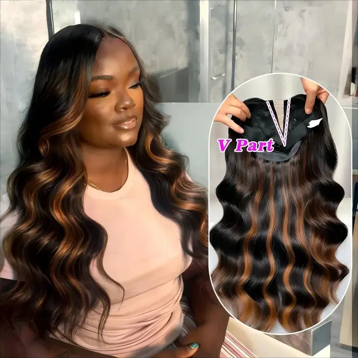 Perruque V-Part Body Wave améliorée avec cordon de serrage réglable, densité 220, forme en V, demi-p