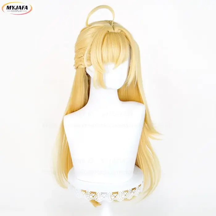 Perruque de Cosplay Anime Cissia, 72cm de long, queue de cheval droite tressée, cheveux synthétiques dorés résistants à la chaleur, perruques de fête d'halloween + bonnet de perruque