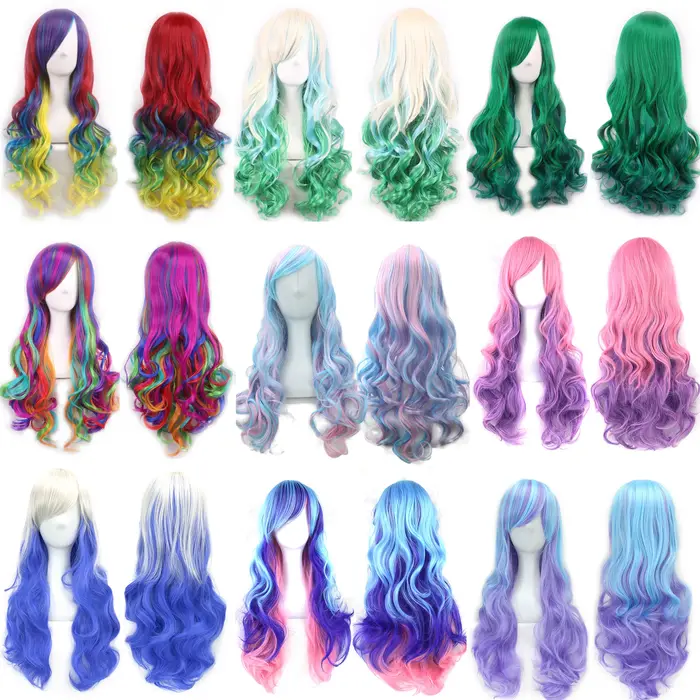 Soowee cheveux synthétiques Ombre arc-en-ciel Cosplay perruque avec frange rouge jaune violet vert bleu perruques pour les femmes noires