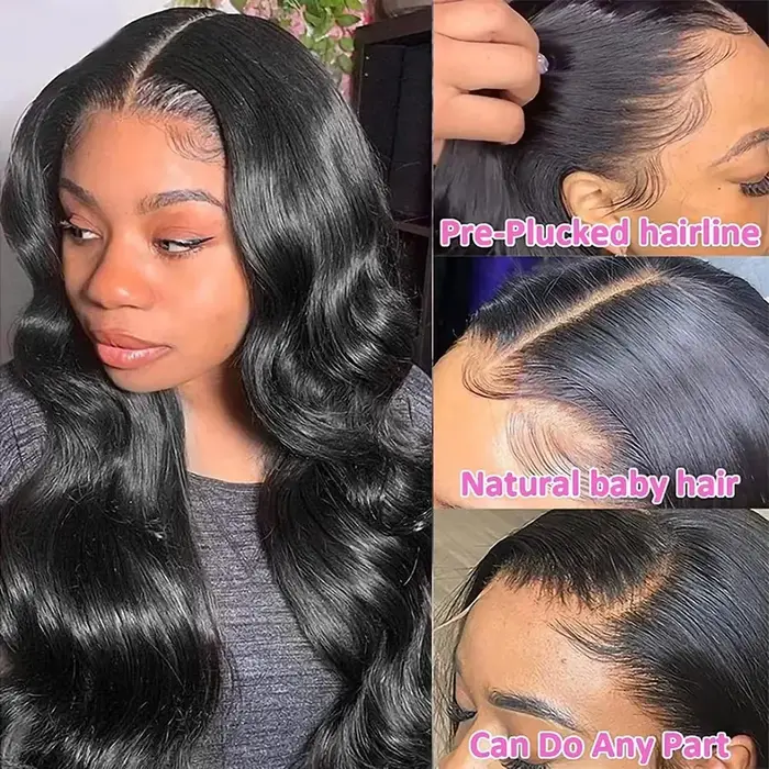 Perruque Lace Frontal Wig naturelle brésilienne, cheveux humains, Body Wave, noir naturel, 13x4 HD, 