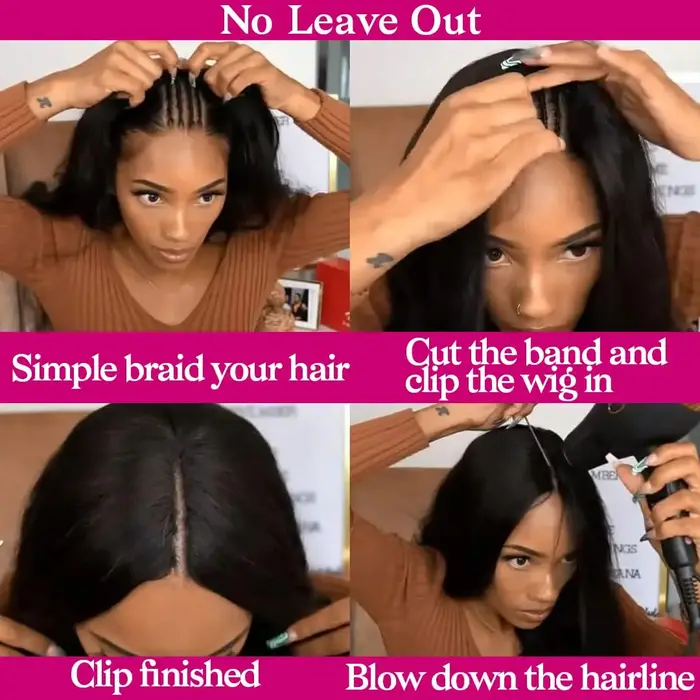 Perruques en cheveux humains lisses en forme de V, sans couture, sans colle, densité 220, noir natur