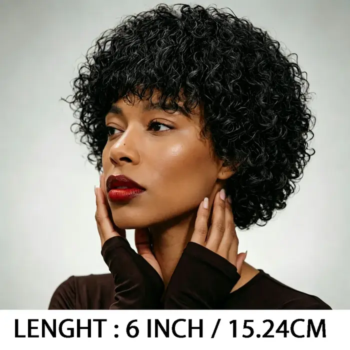 Perruque en cheveux humains noirs bouclés crépus avec frange, densité 180%, fabriquée à la machine, bonnet respirant, aspect naturel pour femmes, usage quotidien décontracté