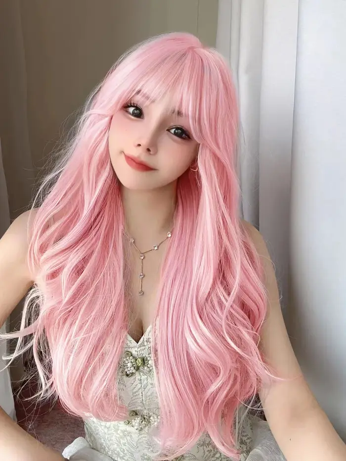 Perruques synthétiques jolies roses de 30 pouces avec frange, cheveux longs et ondulés naturels pour