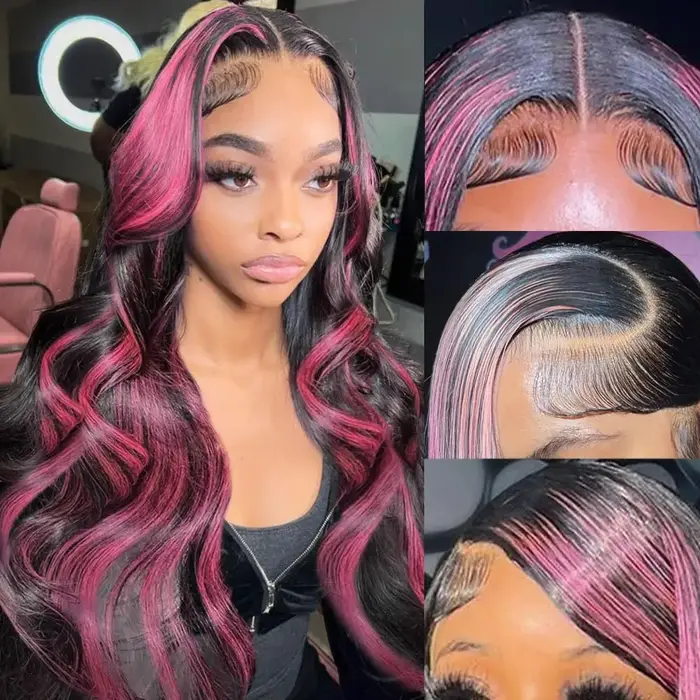 Perruque Lace Front 13x4 Ombrée Rose et Noire en Cheveux Humains, avec Mèches Rayées Rose, Perruque 