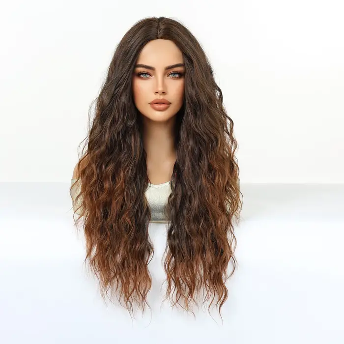 Perruque synthétique bouclée ombrée brun blond pour femmes, raie au milieu, longue, volumineuse, résistante à la chaleur, pour tous les jours, fête, cosplay