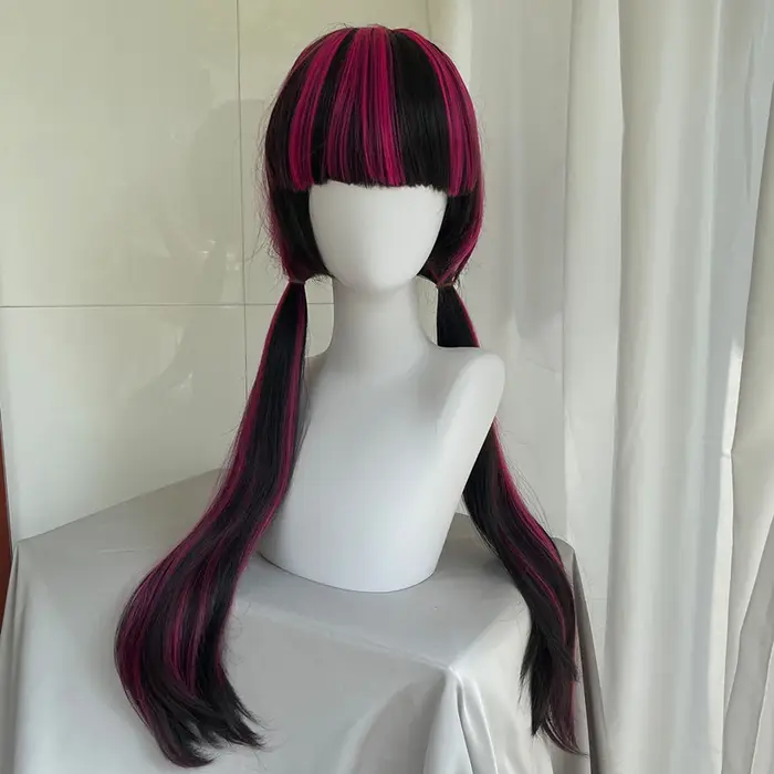 Perruque de Cosplay Draculaura du film de haute qualité, perruque synthétique longue et lisse, noire