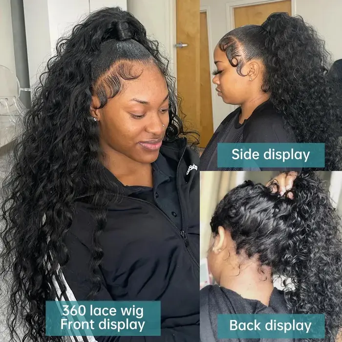 Perruque Full Lace Wig 360 naturelle bouclée, cheveux humains, Deep Water Wave, 13x4, 34 32 30 pouce