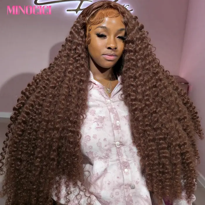 Perruque Lace Front Wig naturelle bouclée, cheveux humains, brun chocolat, densité 200%, Deep Wave, 