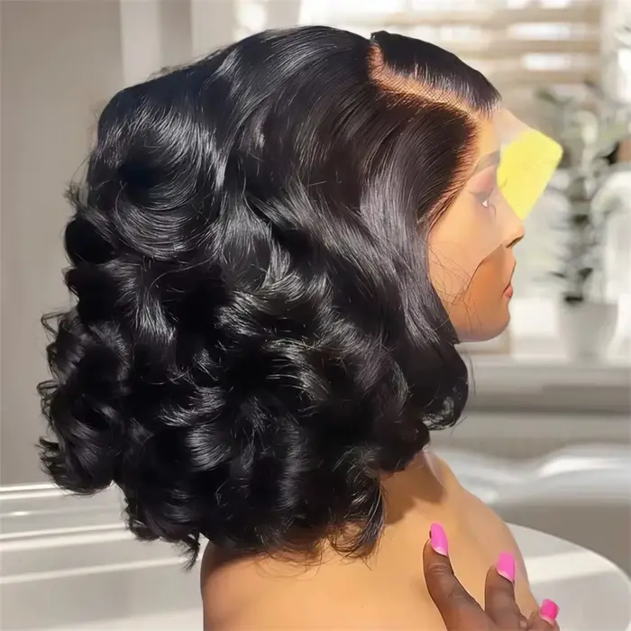 Perruque Bob 100% Cheveux Humains Ondulés avec Dentelle Frontale Pré-Pluckée 13x4, Perruque Courte B