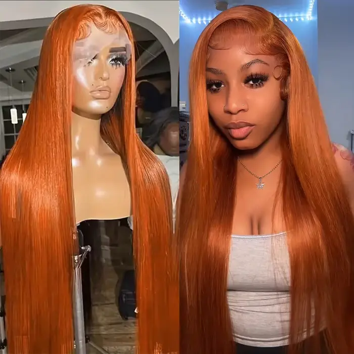 Perruques Lace Front 13x4 en Cheveux Humains Lisses Couleur Gingembre Orange, 30 Pouces, avec Fronta