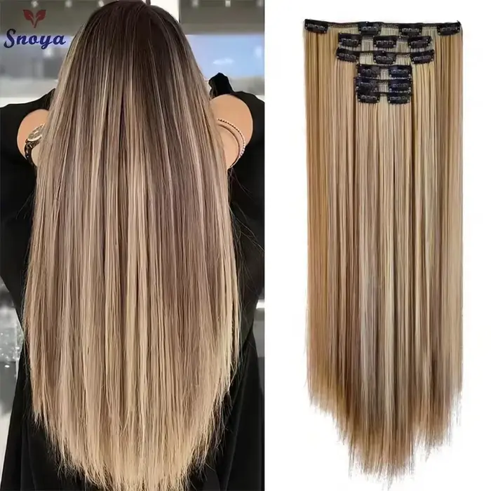 Extensions de cheveux synthétiques blondes et noires, 24 pouces de long, lisses, résistantes à la chaleur, 16 clips, 6 pièces/ensemble