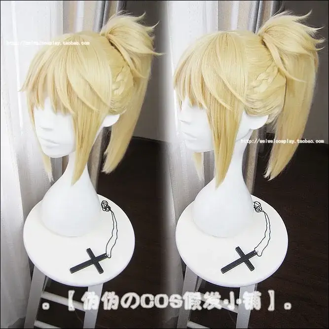 Jeu destin Apocrypha Mordred Cosplay perruque 40 cm de Long doré clair résistant à la chaleur synthé