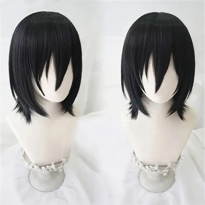 Perruque de Cosplay synthétique noire courte avec bonnet