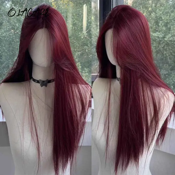 Perruque Lace Front Wig synthétique rouge longue et lisse pour femmes