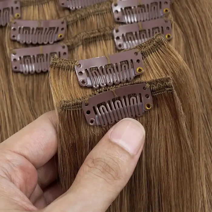 Extensions de cheveux à clipser # 6 brun châtain Double trame épaisse 120G 8 pièces pince brésilienne droite soyeuse