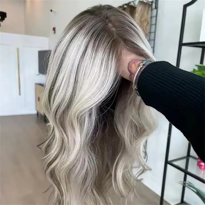 100 vrais cheveux humains blond cendré perruque racines foncées vague de corps mettre en évidence pe