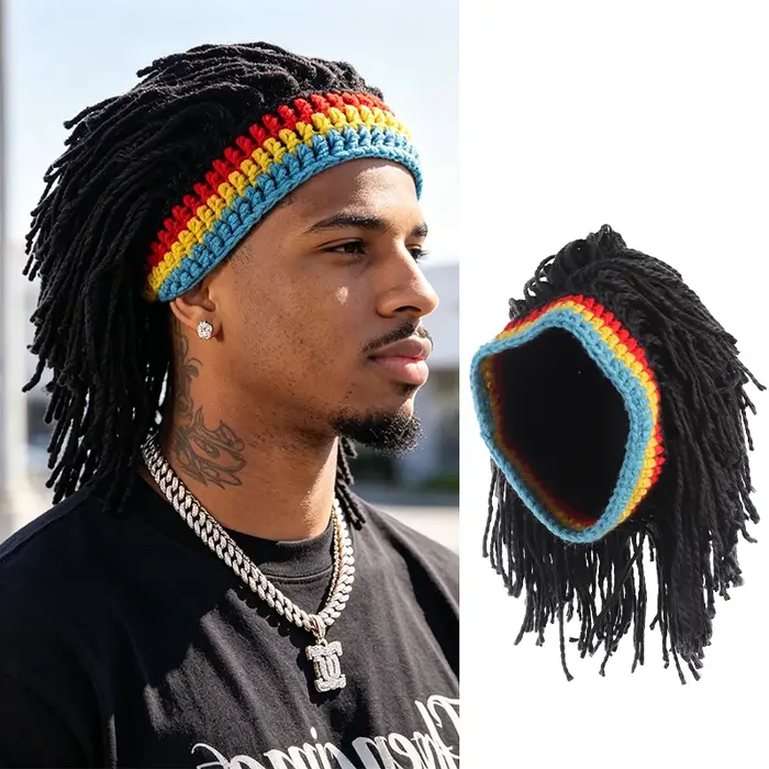 Chapeau perruque dreadlocks en crochet amusant avec bandeau arc-en-ciel, en fibre synthétique pour f