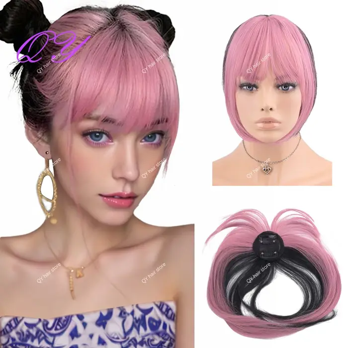 Extensions de frange synthétiques à Clip rose, faciles à porter pour les femmes, usage quotidien ou 