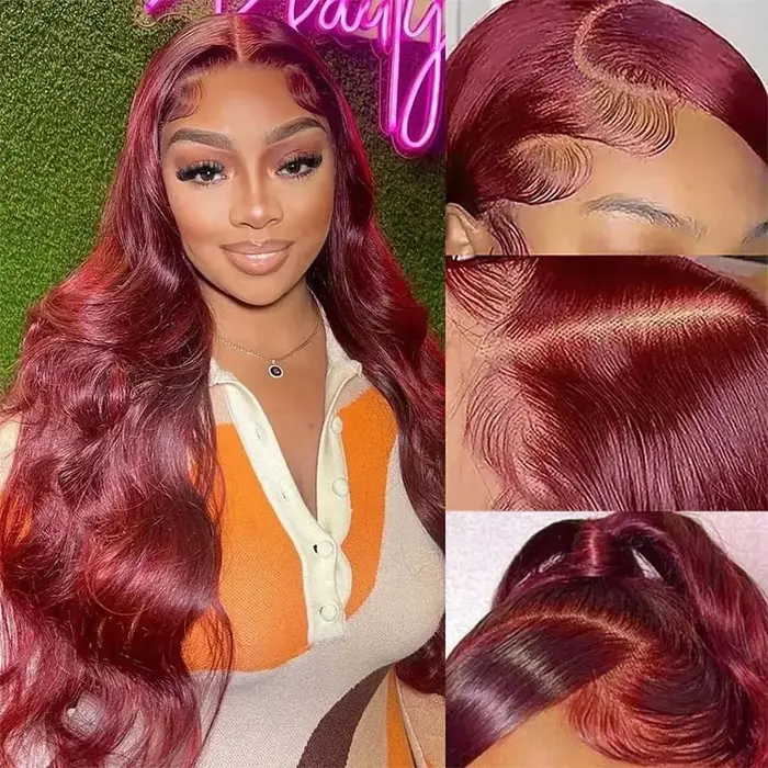 Perruque Lace Frontal Wig naturelle brésilienne, cheveux humains, Body Wave, bordeaux, 13x6, Hd, den