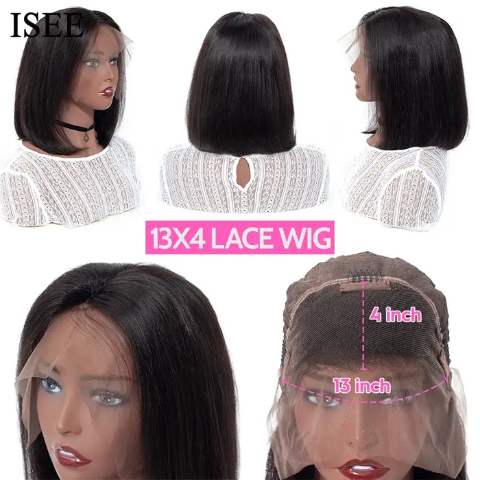 ISEE-Perruque Bob courte droite malaisienne, perruques de cheveux humains, fermeture à lacet 4x4, de