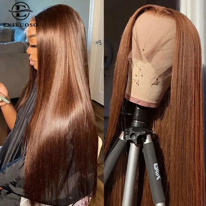 Perruque Lace Front Synthétique Longue et Lisse, Cheveux de Bébé, Couleur Brun Chocolat, Soyeuse, 13